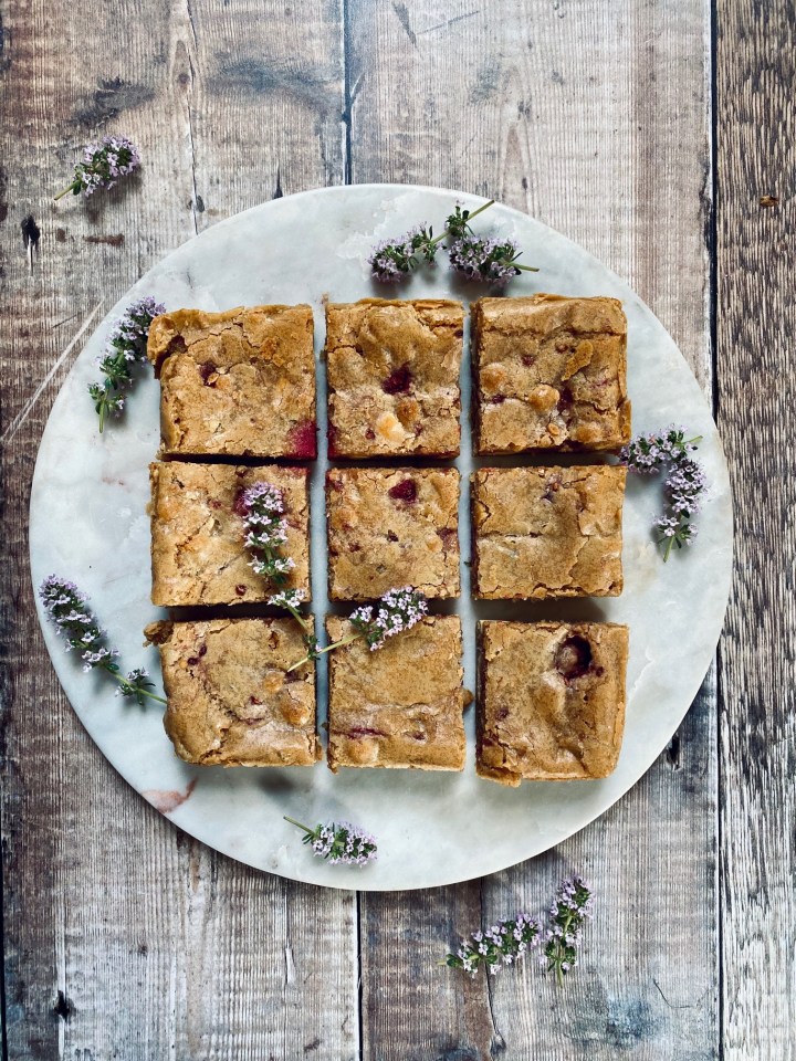 Raspberry, White Chocolate & Thyme&nbsp;Blondies