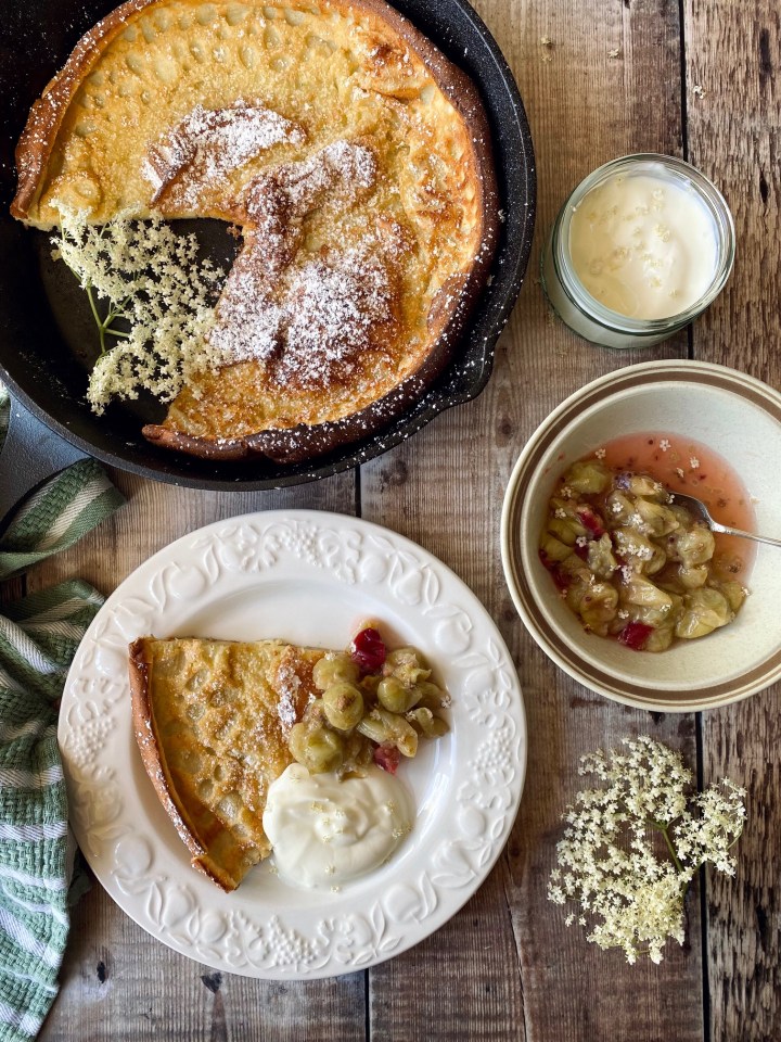 Dutch Baby Pancake with Gooseberries &&nbsp;Elderflowers